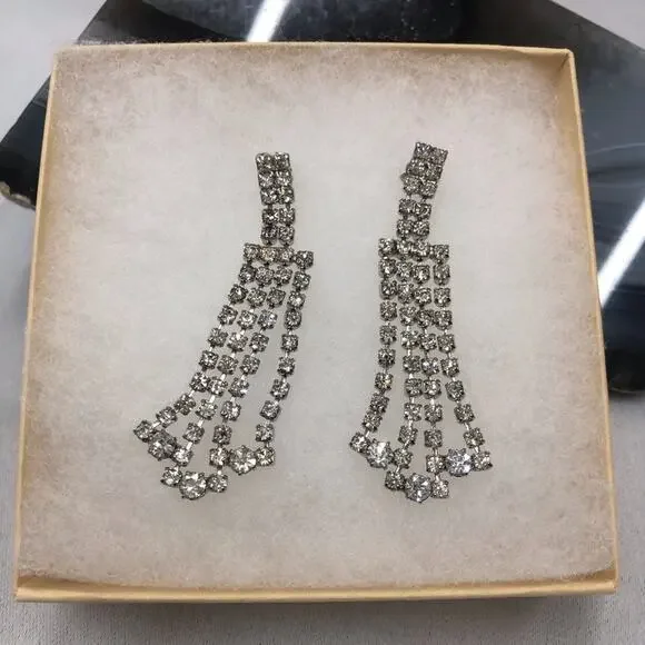 90's Vintage Rhinestone Dangle Drop Chandelier Earrings Silver Tone Post Style - Picture 1 of 16